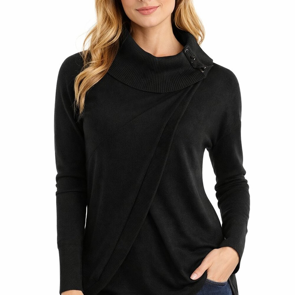 JM Collection Black Draped Cowl Neck Overlap Sweater Small